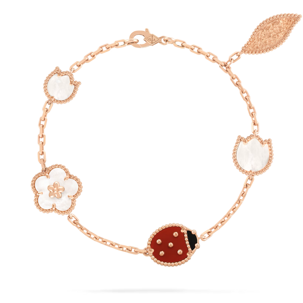 Van Cleef & Arpels Lucky Spring bracelet, 5 motifs 18K rose gold, Carnelian, Mother-of-pearl, Onyx