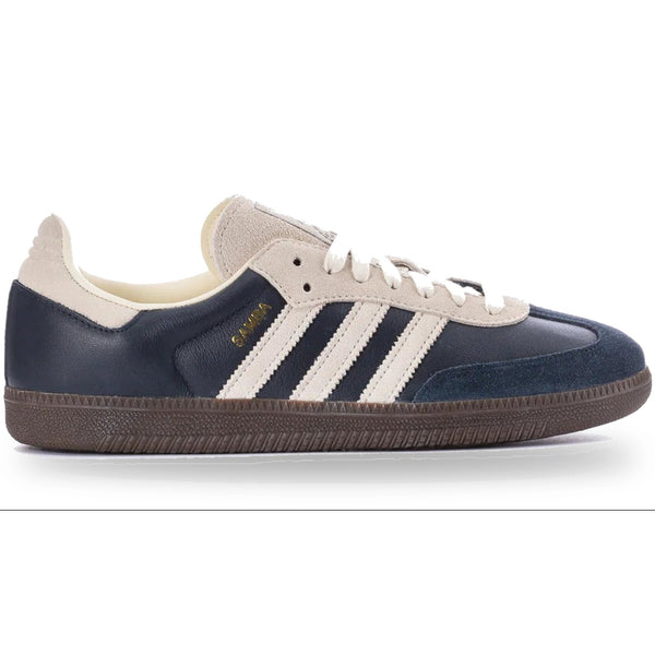 Navy and white Adidas sneaker on a white background