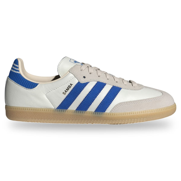 White sneaker with blue stripes on a white background