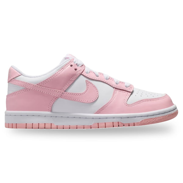 Pink and white sneaker with a visible brand logo on a white background