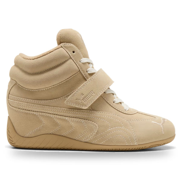 Beige high-top sneaker with white laces on a white background