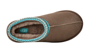 Brown slipper with turquoise trim on a white background
