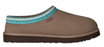 Brown slipper with blue and white patterned trim on a white background - Image 1