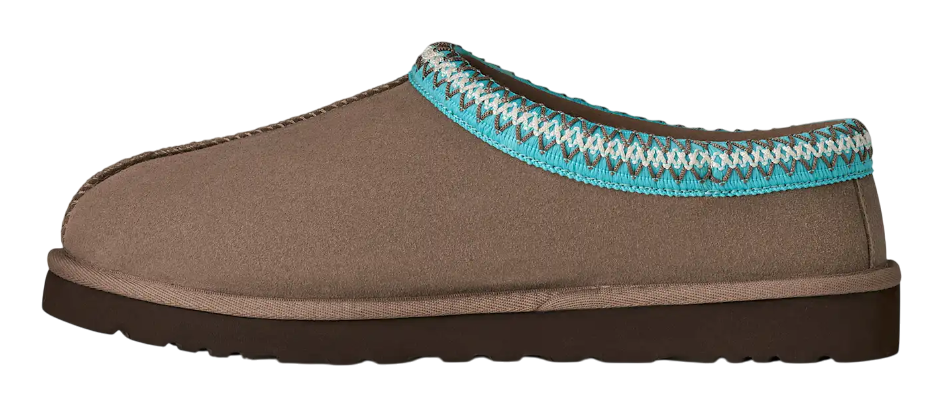 Brown slipper with a blue and white patterned trim on a white background