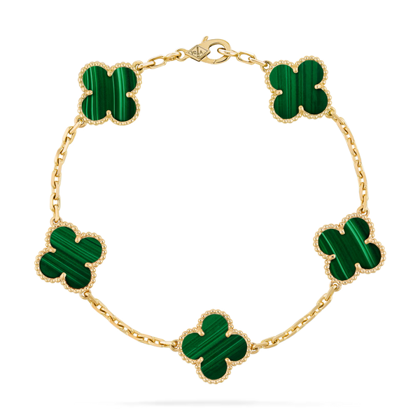 Van Cleef & Arpels Vintage Alhambra bracelet, 5 motifs 18K yellow gold, Malachite