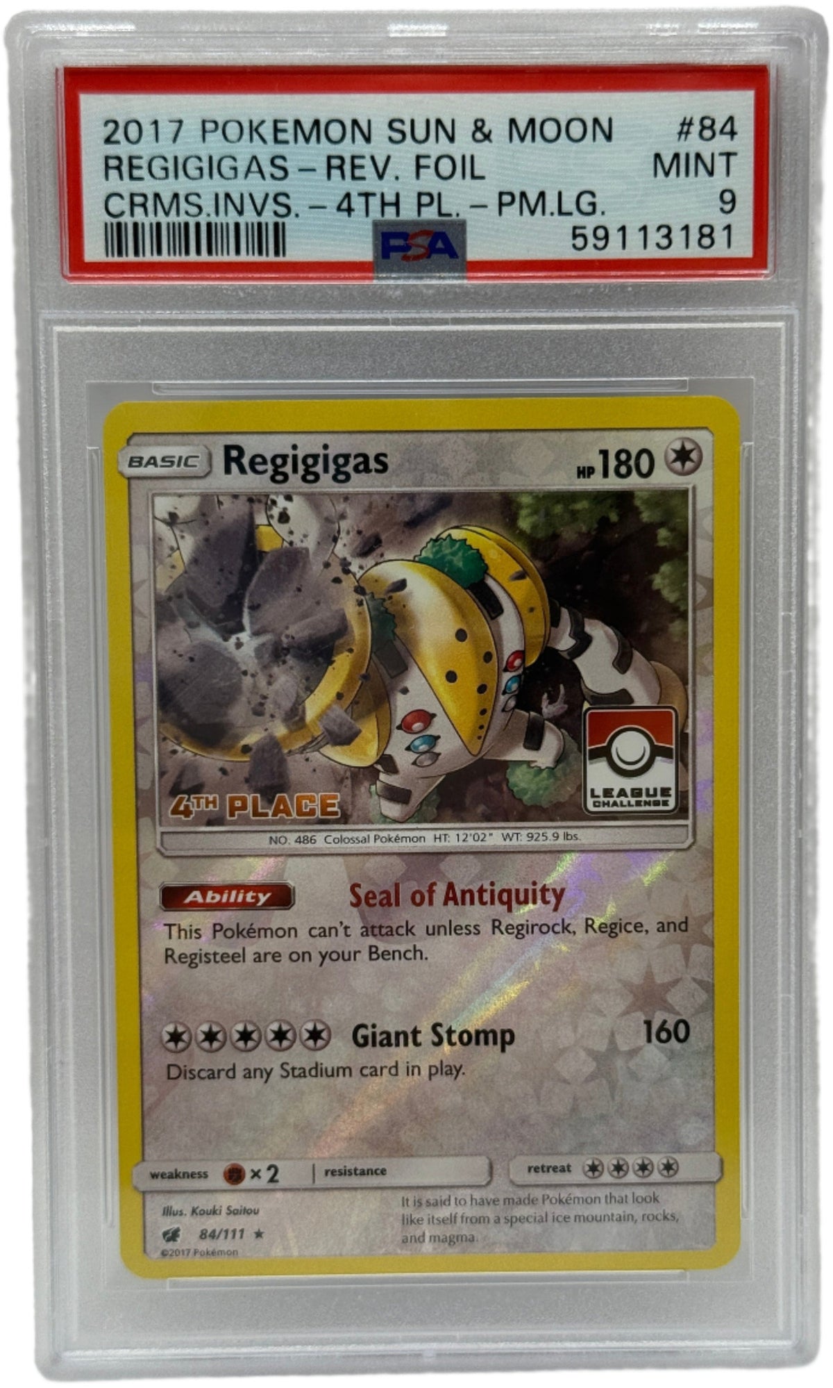 2017 Pokémon League Crismon Invasion Regigigas 4th Place Reverse Holo 84/111 PSA 9 MINT