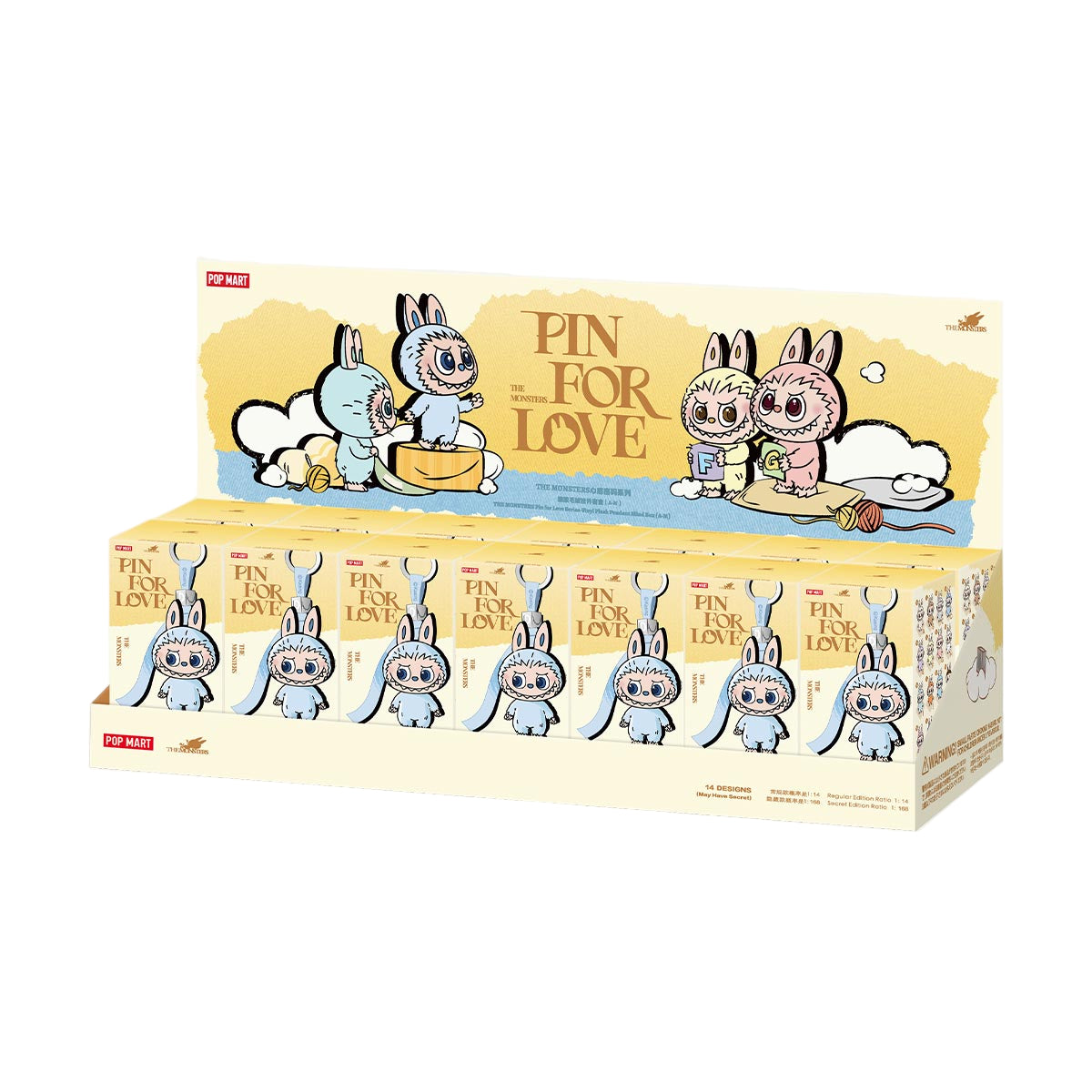 Box of 'Pin for Love' pins with cartoon characters on a white background