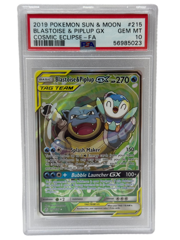 2019 Pokémon Sun & Moon Blastoise & Piplup GX 215/236 PSA 10 GEM MINT (Cosmic Eclipse Full Art)