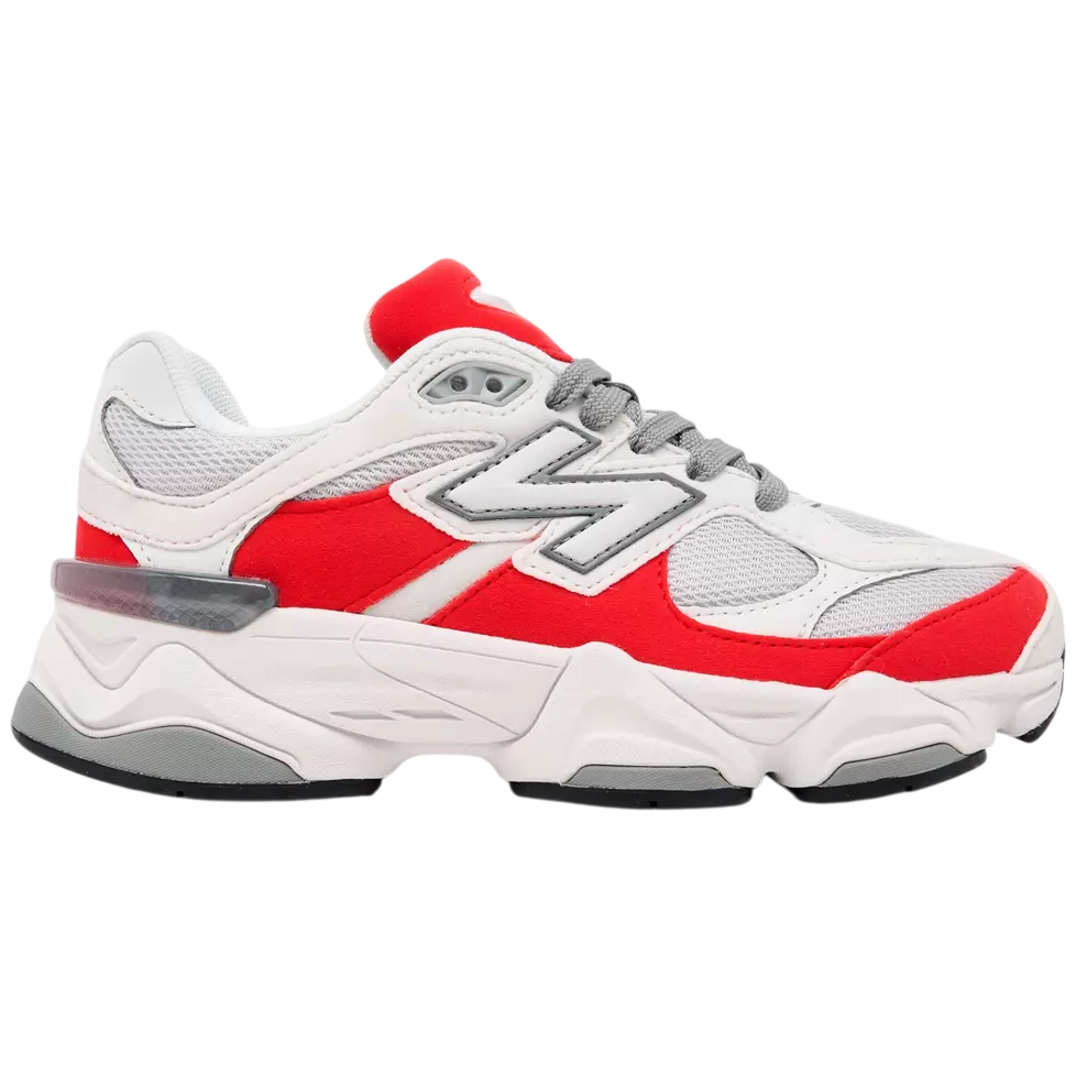 White and red sneaker with gray accents on a white background