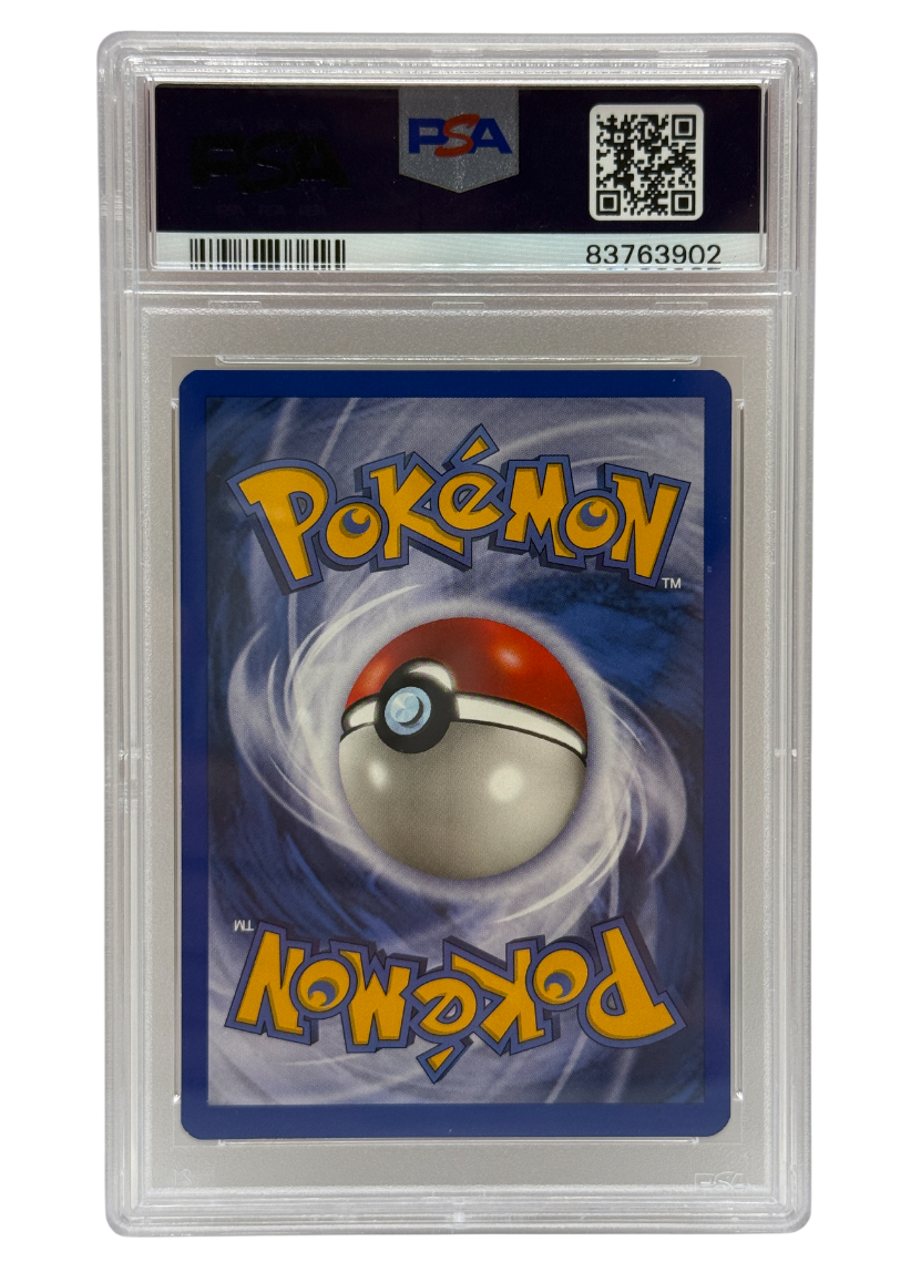 Pokémon trading card in a PSA protective case on a white background