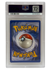 Pokémon trading card in a PSA protective case on a white background