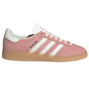 Pink Adidas sneaker with white stripes on a white background