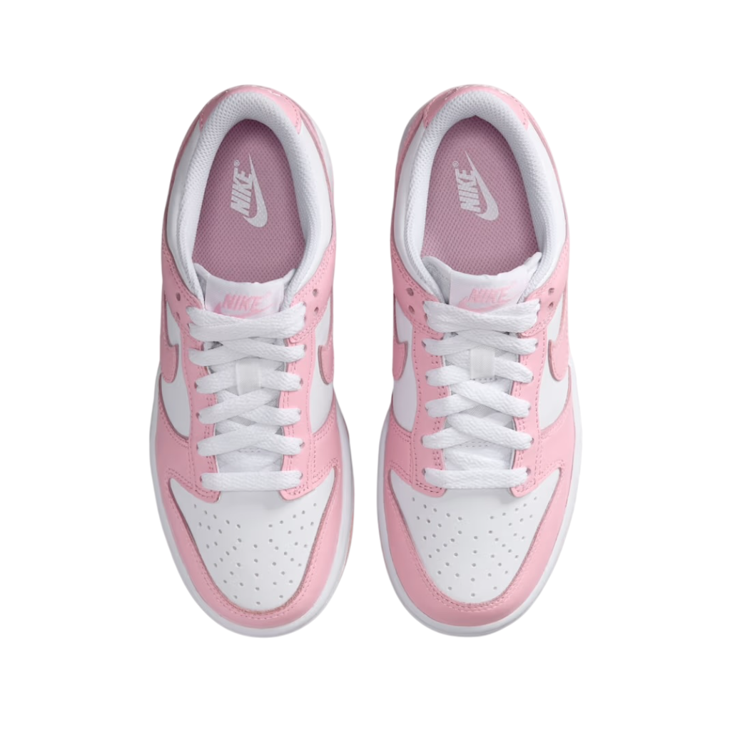 Pink and white sneakers with Nike logo on a white background