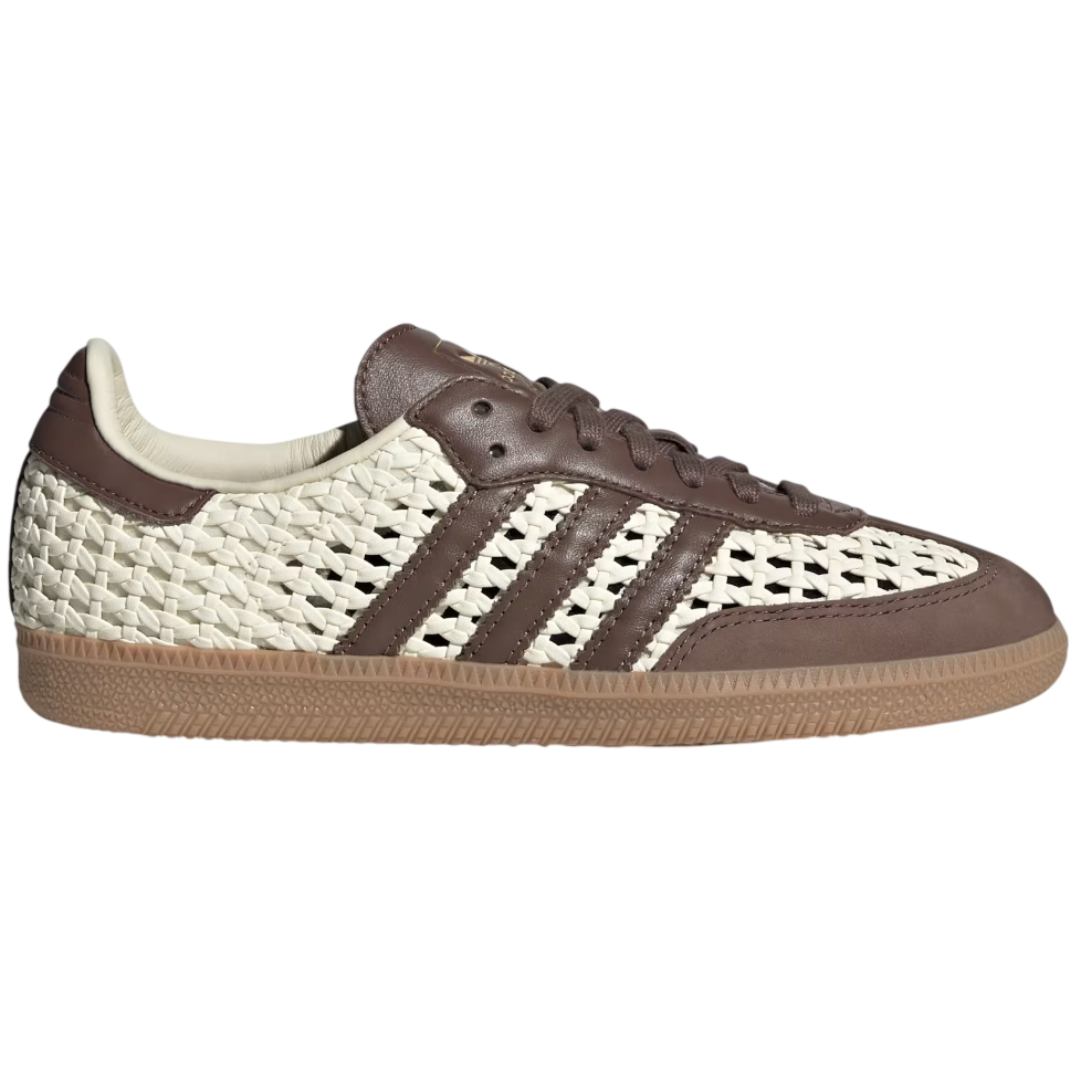 Brown and white sneaker with Adidas logo on a white background