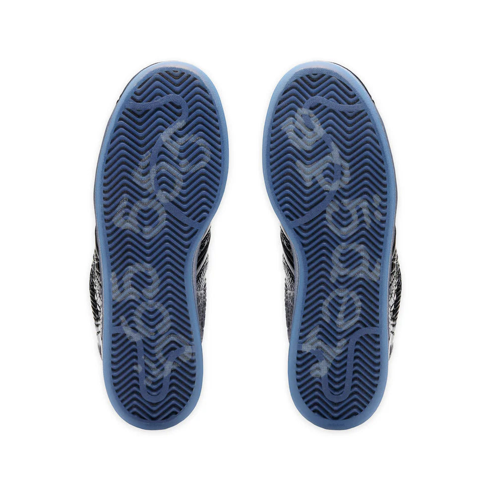 Close-up of the soles of a pair of shoes with a white background