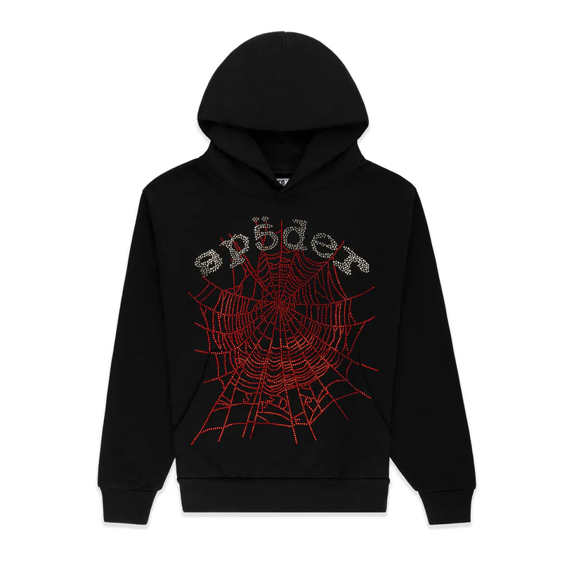 Sp5der Rhinestone OG Web v2 Hoodie Black & Red