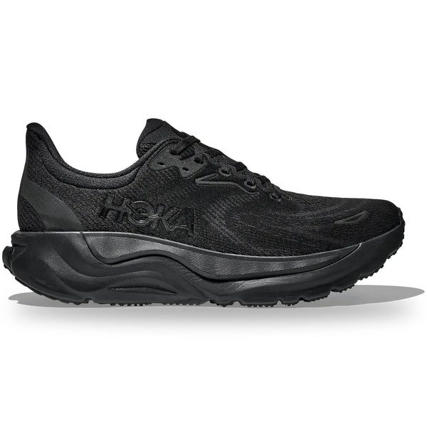 Black Hoka running shoe on a white background