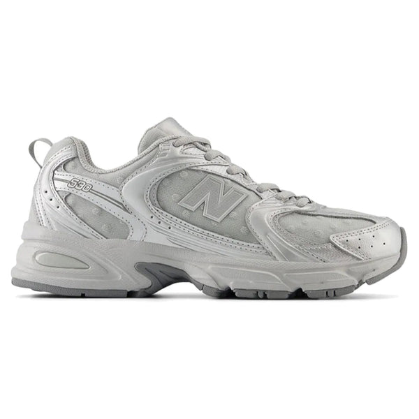 Gray sneaker with New Balance logo on a white background