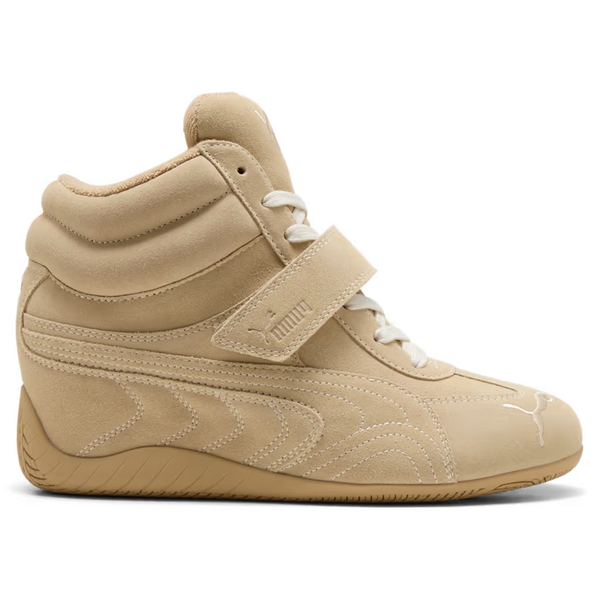 Beige high-top sneaker with white laces on a white background
