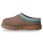 Brown slipper with a patterned blue and green trim on a white background - Image 3
